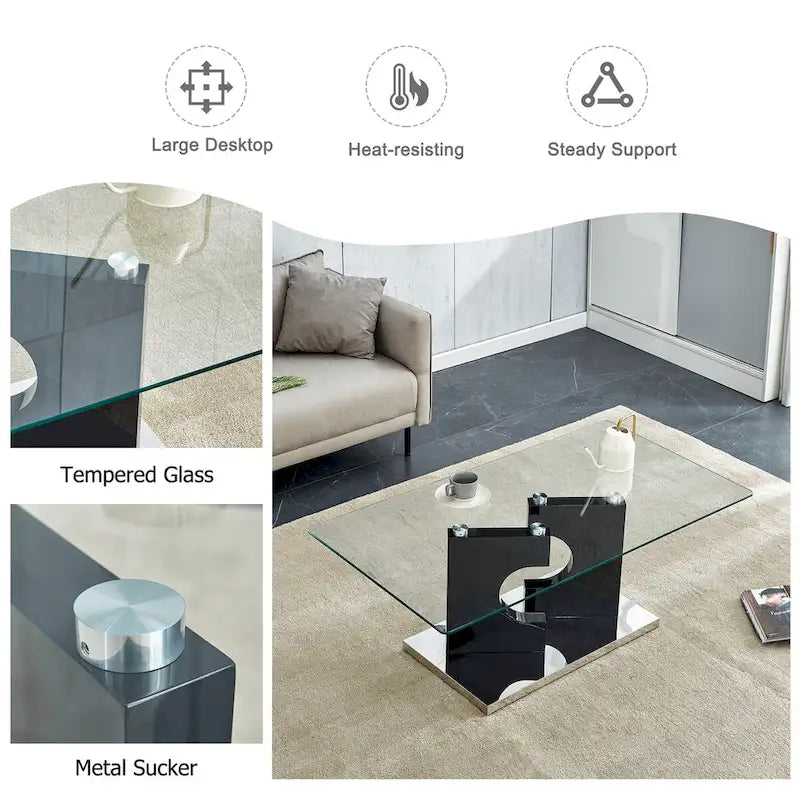 A rectangular modern coffee table with tempered glass tabletop and wooden color MDF legs. Suitable for living room.