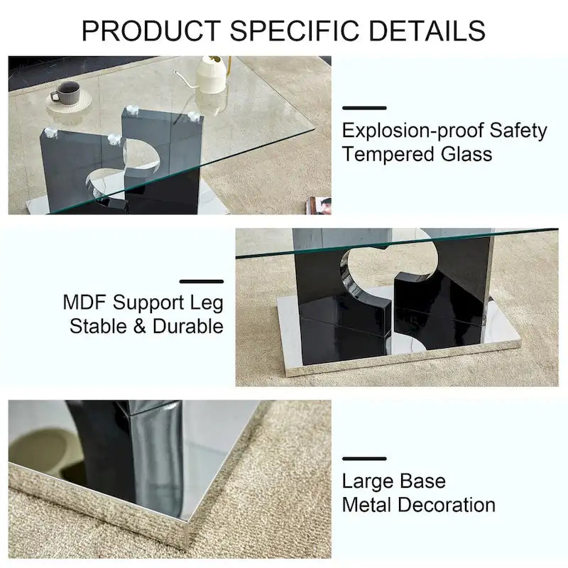 A rectangular modern coffee table with tempered glass tabletop and wooden color MDF legs. Suitable for living room.