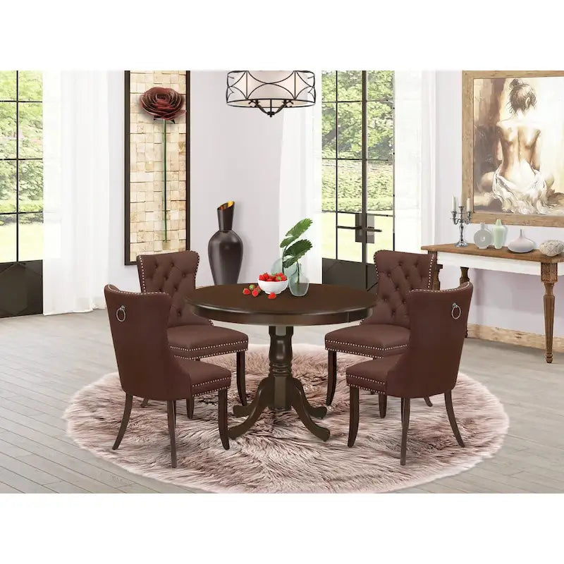 East West Furniture Dinette Set Includes a Round Dining Table and Upholstered Chairs, Mahogany (Pieces Options)