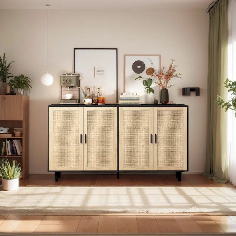 Functional 4 Door Rattan Decorative Storage Cabinet