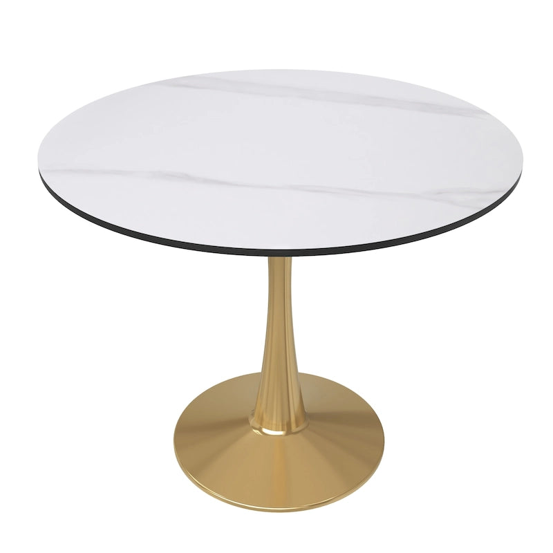LeisureMod Bristol 31 Round Dining Table for 4 with MDF Wood Tabletop in Gold Steel Base for Kitchen & Dining Room