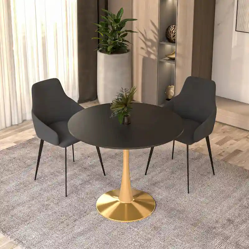 LeisureMod Bristol 31 Round Dining Table for 4 with MDF Wood Tabletop in Gold Steel Base for Kitchen & Dining Room