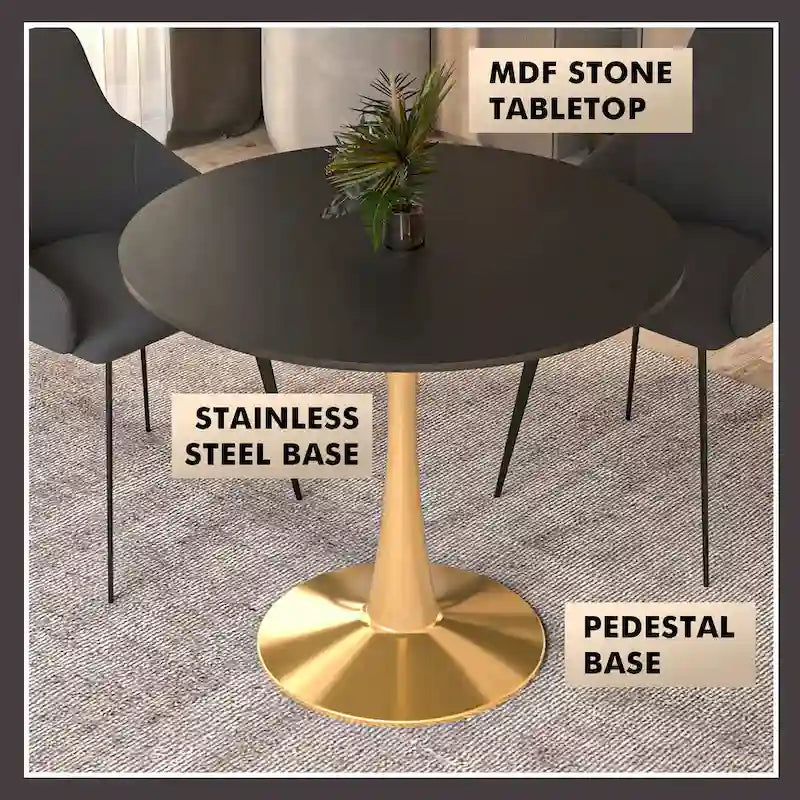 LeisureMod Bristol 31 Round Dining Table for 4 with MDF Wood Tabletop in Gold Steel Base for Kitchen & Dining Room