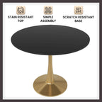 LeisureMod Bristol 31 Round Dining Table for 4 with MDF Wood Tabletop in Gold Steel Base for Kitchen & Dining Room