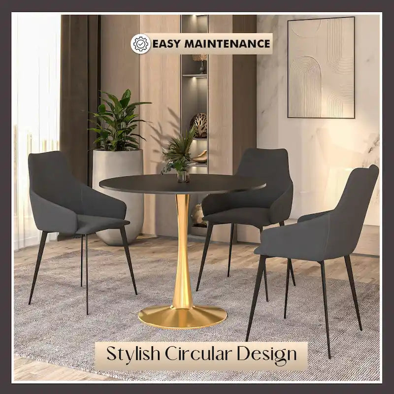 LeisureMod Bristol 31 Round Dining Table for 4 with MDF Wood Tabletop in Gold Steel Base for Kitchen & Dining Room