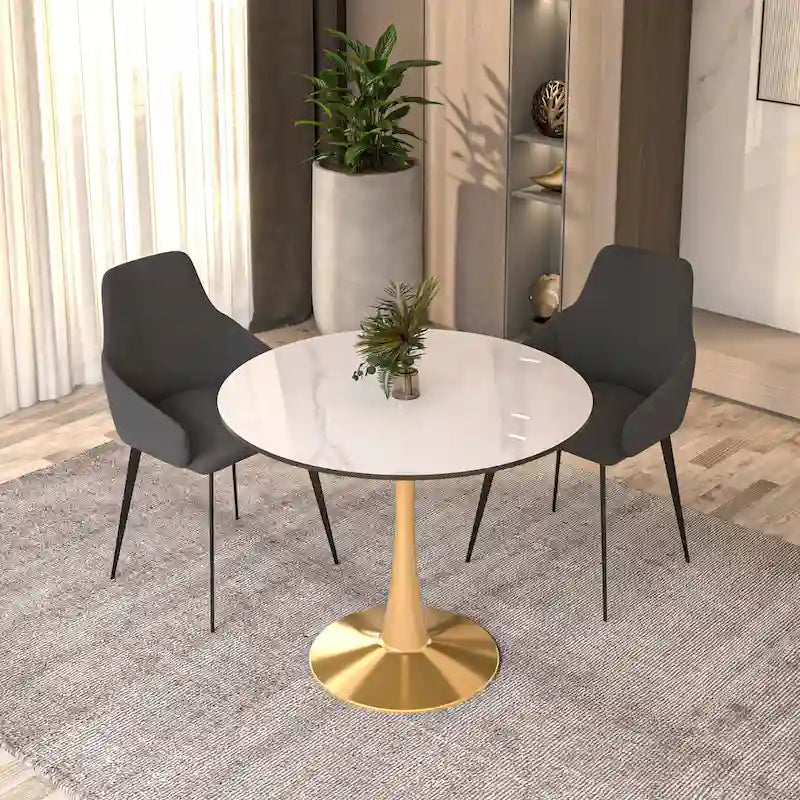 LeisureMod Bristol 31 Round Dining Table for 4 with MDF Wood Tabletop in Gold Steel Base for Kitchen & Dining Room