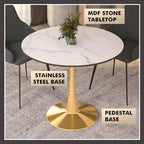 LeisureMod Bristol 31 Round Dining Table for 4 with MDF Wood Tabletop in Gold Steel Base for Kitchen & Dining Room