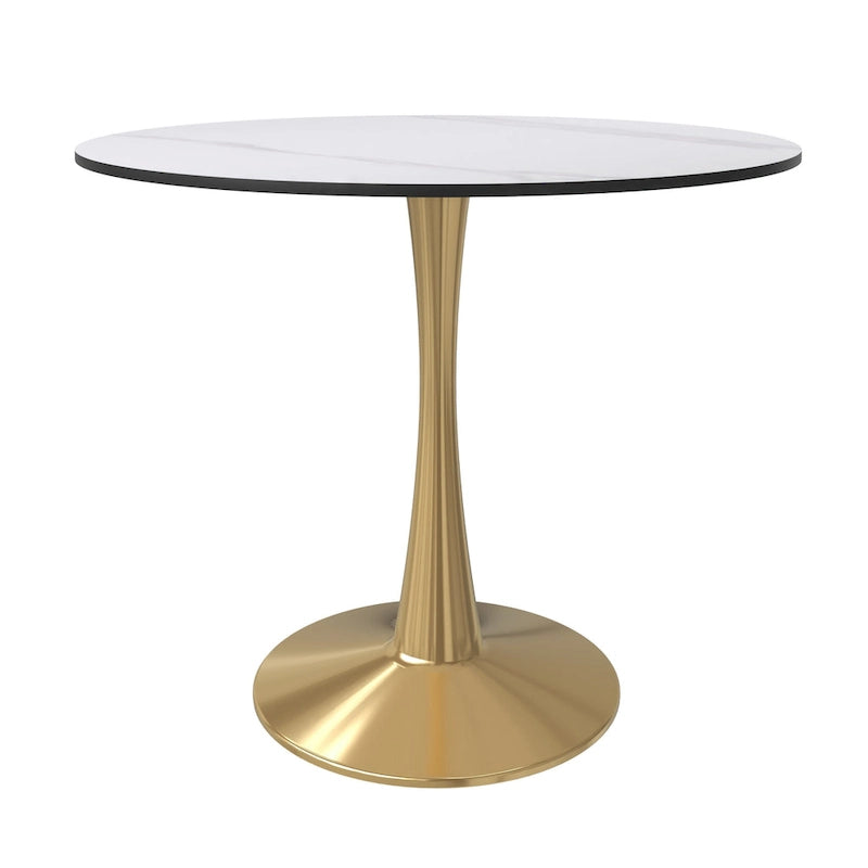 LeisureMod Bristol 31 Round Dining Table for 4 with MDF Wood Tabletop in Gold Steel Base for Kitchen & Dining Room
