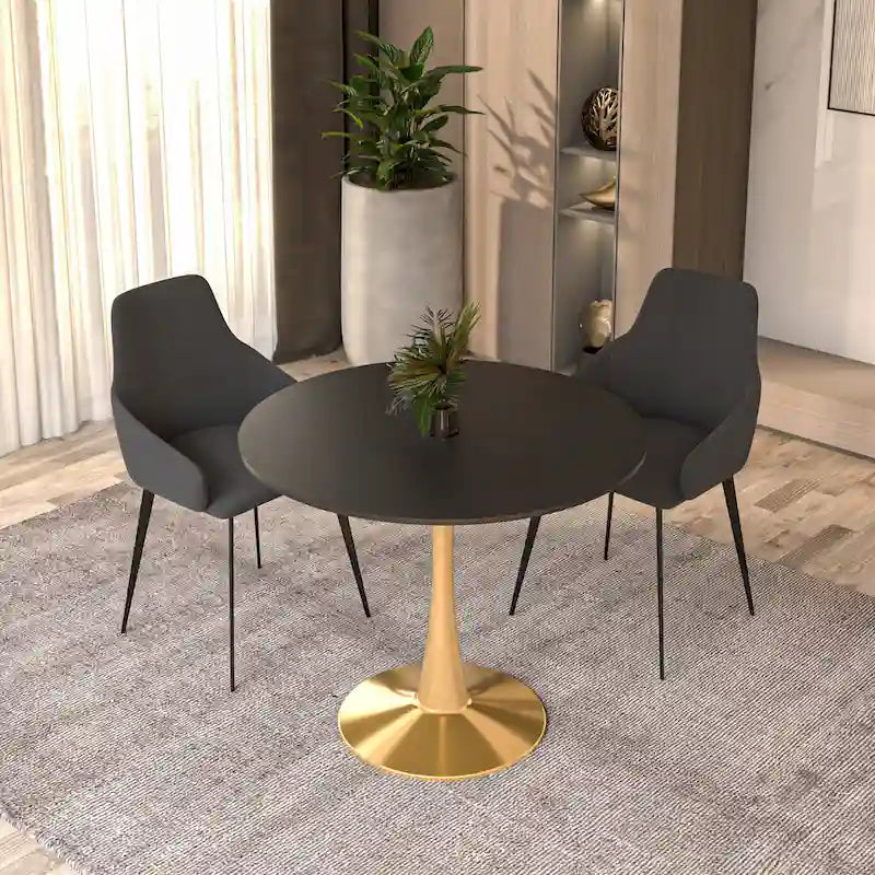 LeisureMod Bristol 31 Round Dining Table for 4 with MDF Wood Tabletop in Gold Steel Base for Kitchen & Dining Room