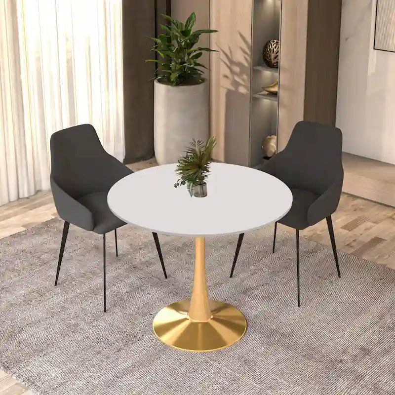 LeisureMod Bristol 31 Round Dining Table for 4 with MDF Wood Tabletop in Gold Steel Base for Kitchen & Dining Room