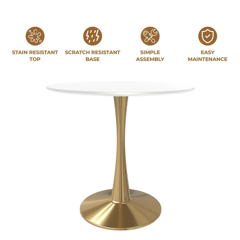 LeisureMod Bristol 31 Round Dining Table for 4 with MDF Wood Tabletop in Gold Steel Base for Kitchen & Dining Room