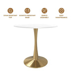 LeisureMod Bristol 31 Round Dining Table for 4 with MDF Wood Tabletop in Gold Steel Base for Kitchen & Dining Room