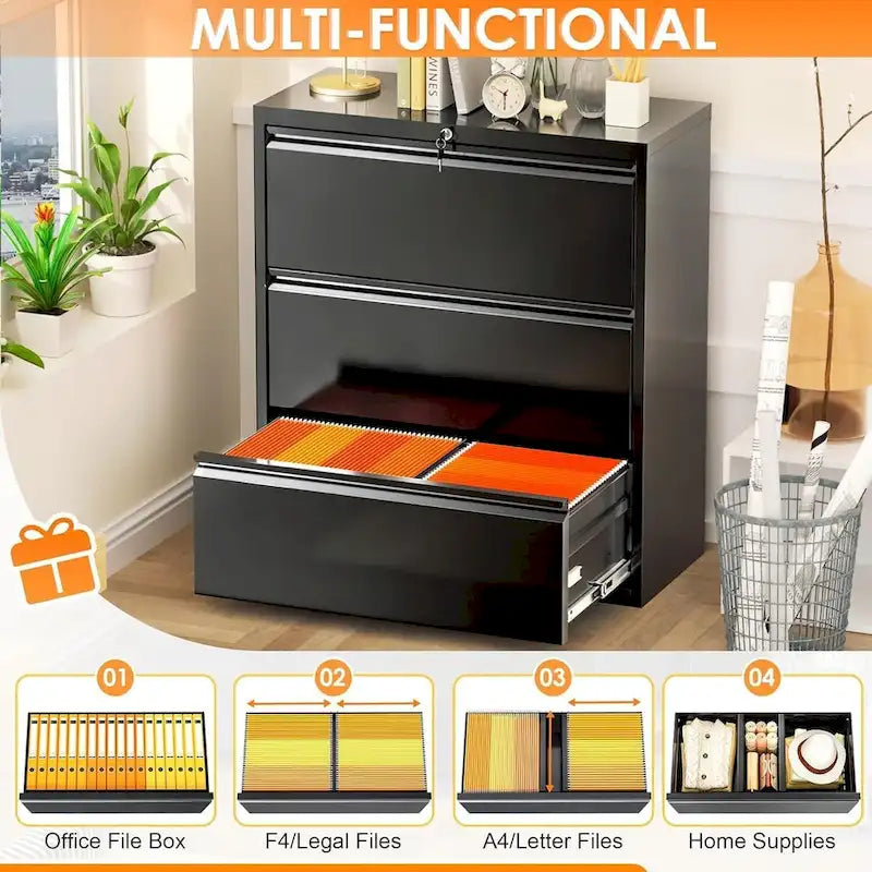 3 Drawer Metal Lateral Filing Cabinet with Lock