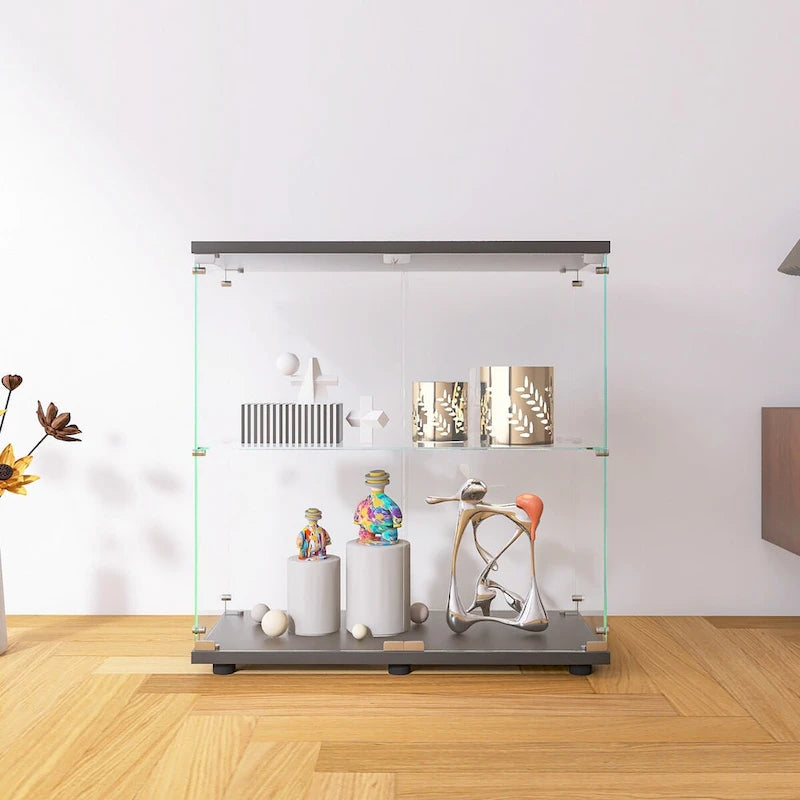 Two-door Glass Display Cabinet 2 Shelves with Door
