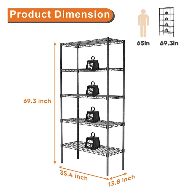 Storage Shelving Unit, Adjustable Metal Wire Racks Heavy Duty Standing Shelf Organizer for Kitchen,Closet, Pantry, Garage,5-Tier