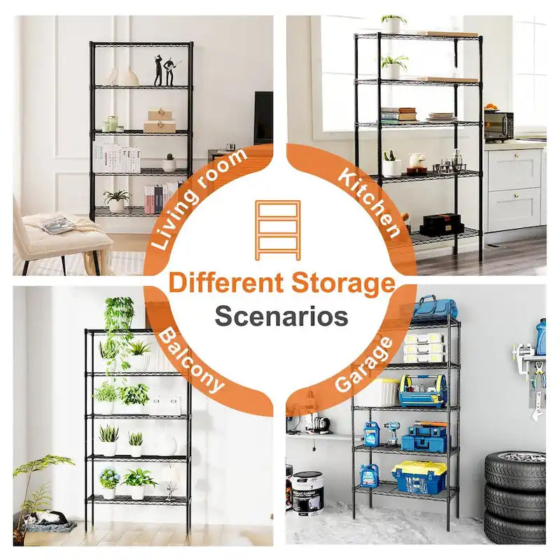 Storage Shelving Unit, Adjustable Metal Wire Racks Heavy Duty Standing Shelf Organizer for Kitchen,Closet, Pantry, Garage,5-Tier