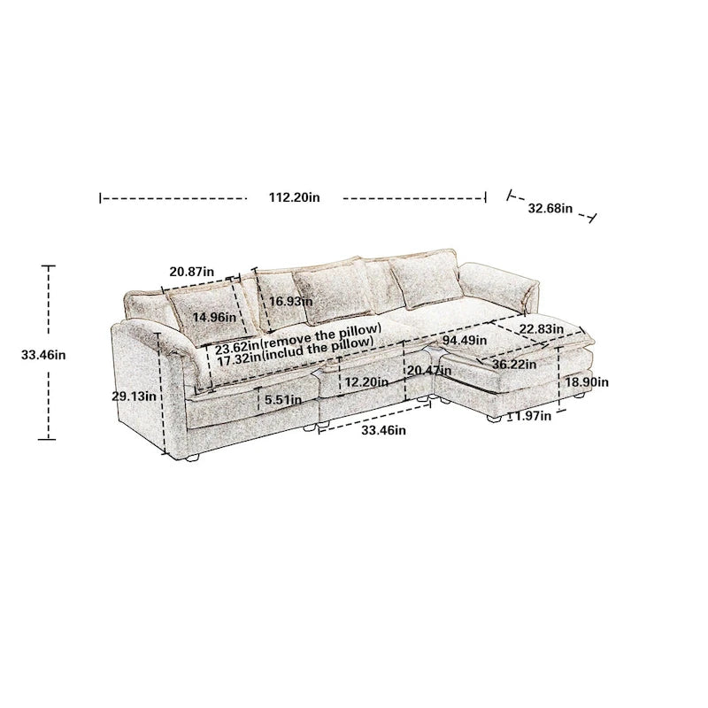 Chenille Fabric L-Shape Comfy Oversized three-seat Modular Sectional Sofa