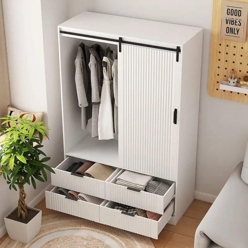 Tall Bedroom Armoire Wardrobe Closet Clothing Storage Cabinet with Hanging Rod Barn Door Drawers Open Shelves,White