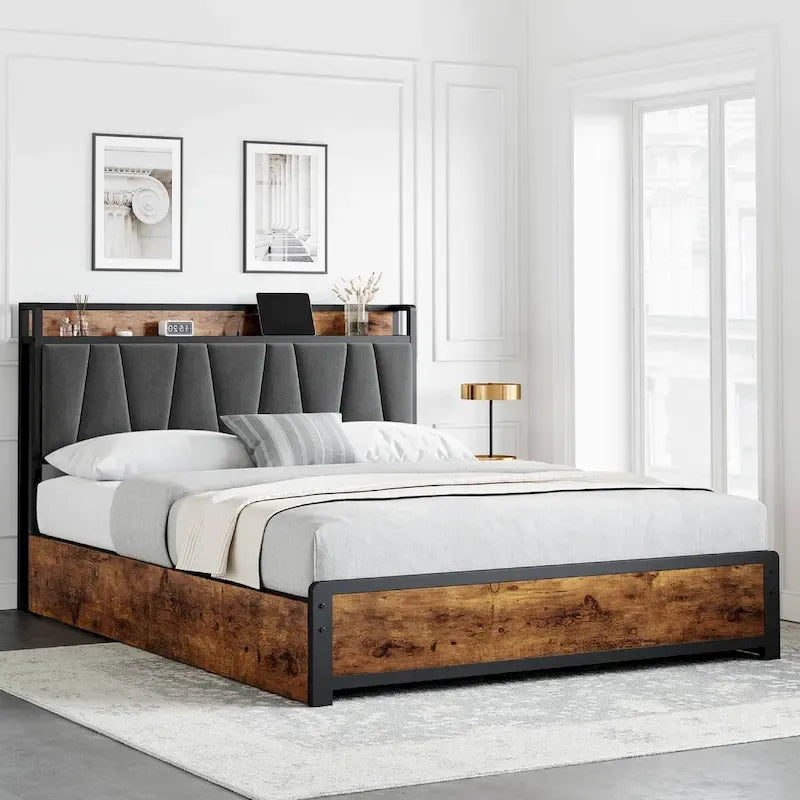 Bed Frame with Storage Linen Upholstered Headboard