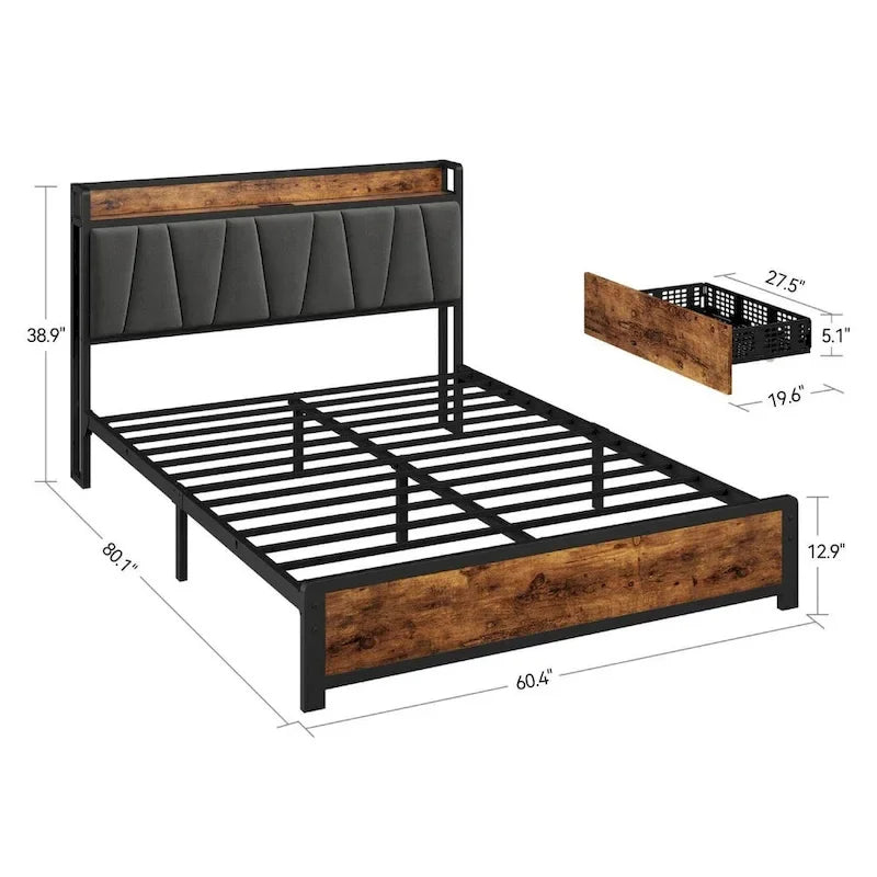 Bed Frame with Storage Linen Upholstered Headboard
