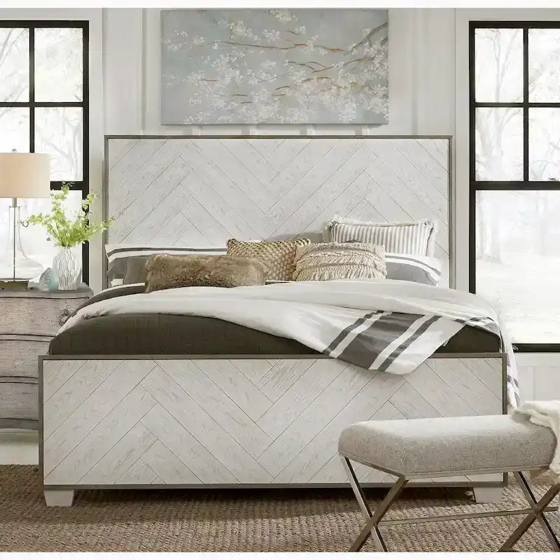 Swids Modern Farmhouse Vintage White Bed with Metal Frame